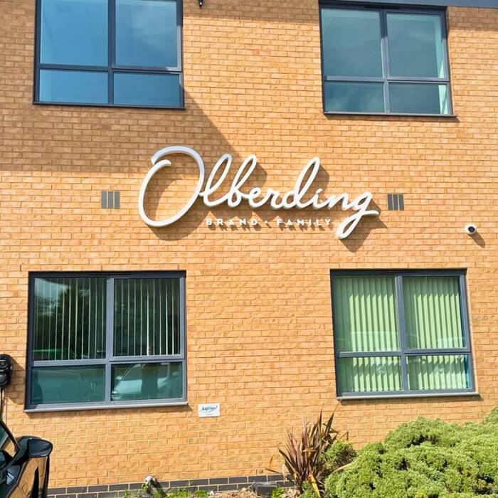 Olberding Brand Family built-up aluminium lettering building sign at Estuary Business Park in Hull.